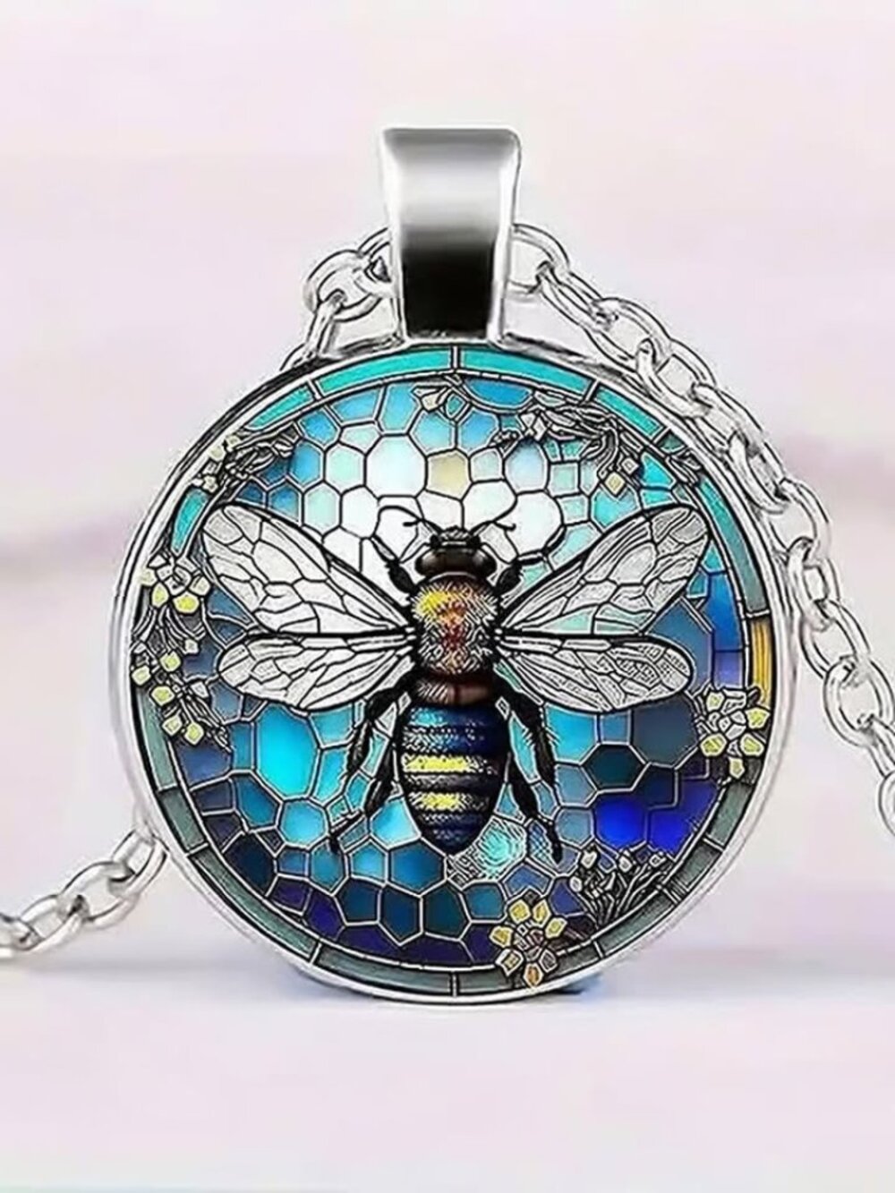 Silver Colorful BEE Glass Cabochon Pendant Necklace